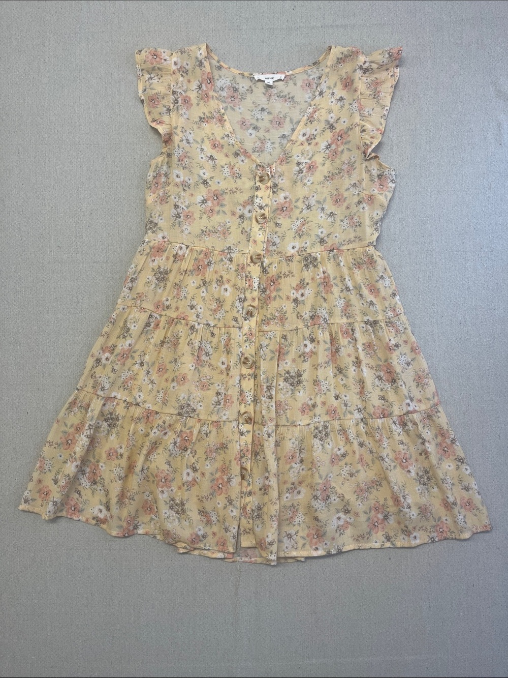 MINE Yellow Floral Tiered Mini Dress Flutter Sleeve Button Front M